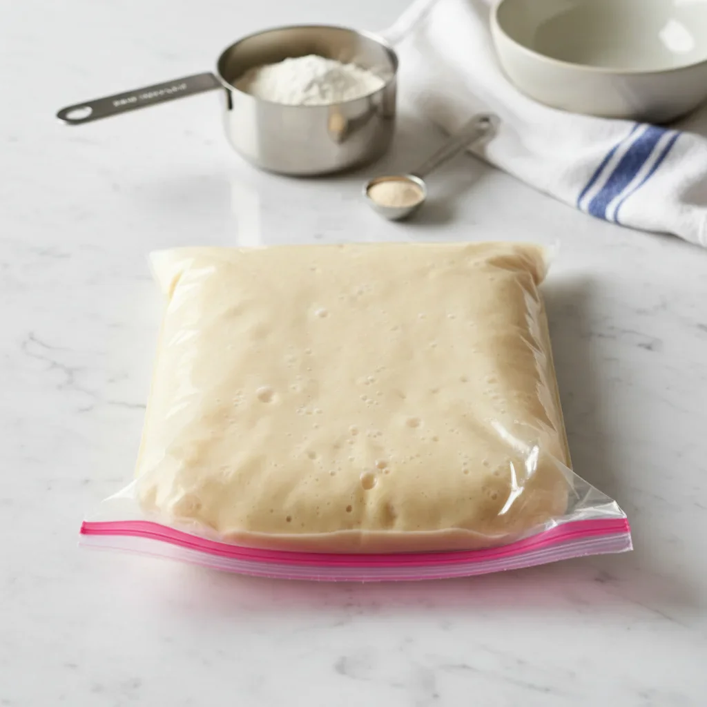 A plastic zip-lock bag filled with smooth batter on a marble countertop, with kitchen tools in the background.