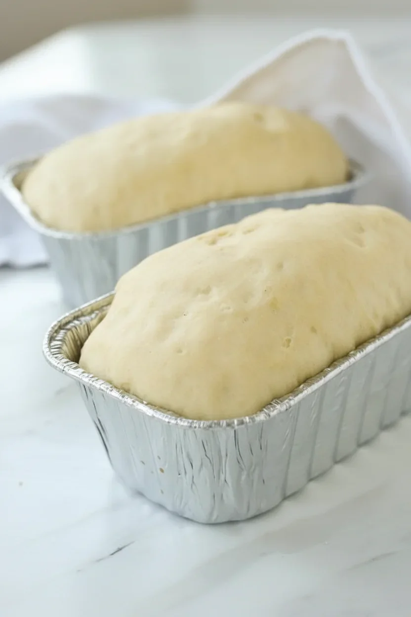 Two loaf pans filled with proofed bread dough ready for baking, on a white surface.
