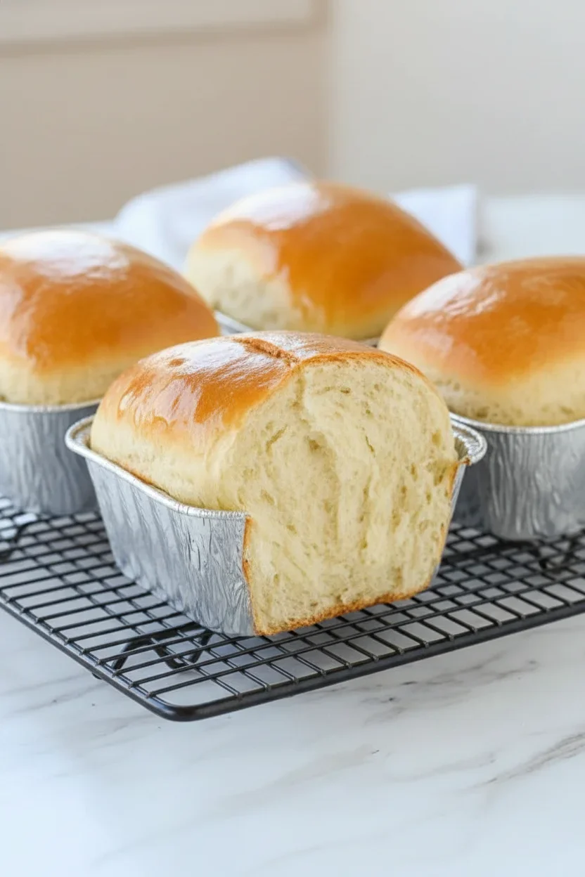 Four golden-brown bread rolls in foil cups on a wire rack, with a soft, airy interior visible.