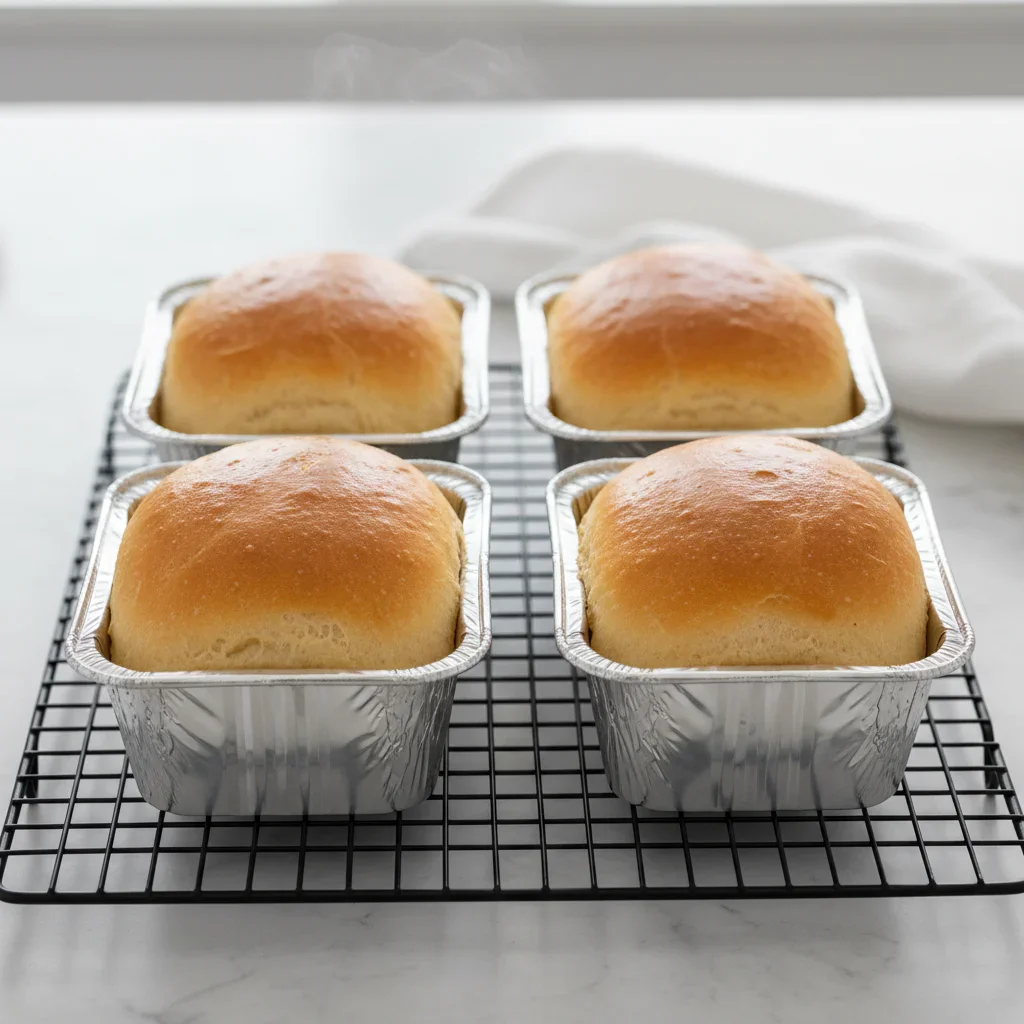 Four golden-brown bread rolls in aluminum pans on a wire rack, with a soft, airy interior visible.