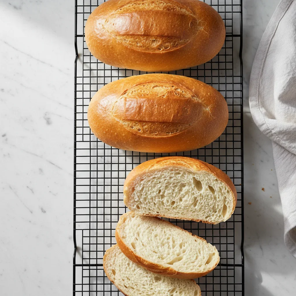 Four golden-brown loaves of bread on a wire rack, with one sliced to show soft interior, on a marble surface.