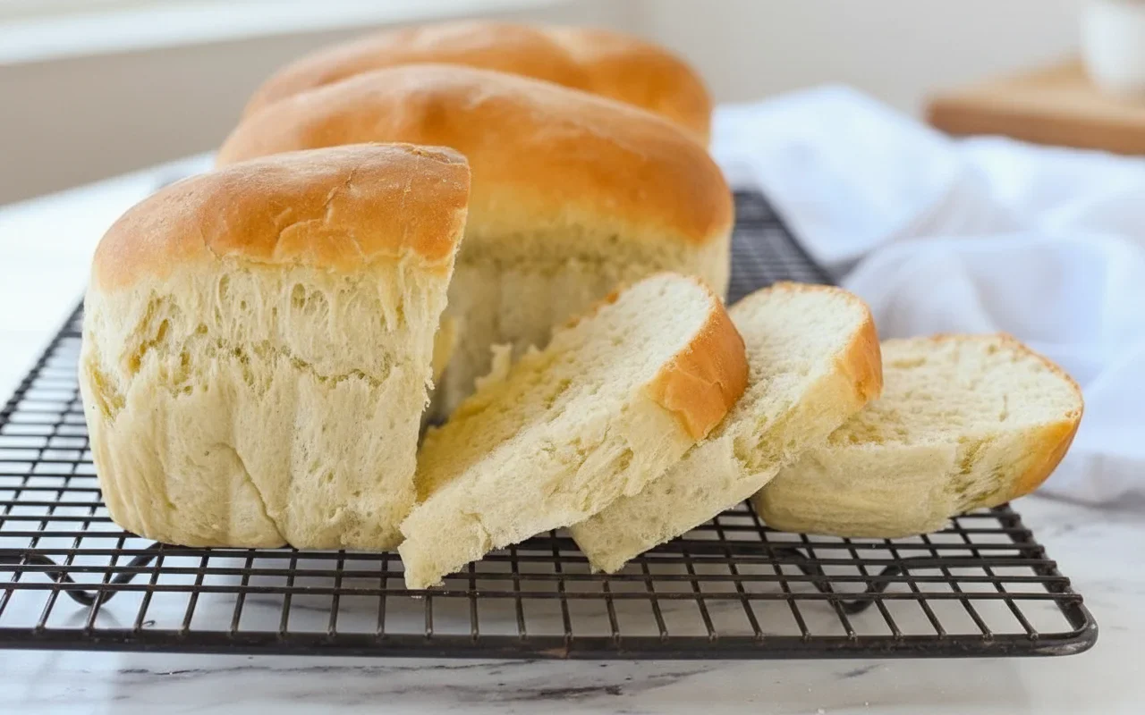 Loaf of freshly baked bread with slices showing soft interior on a cooling rack.