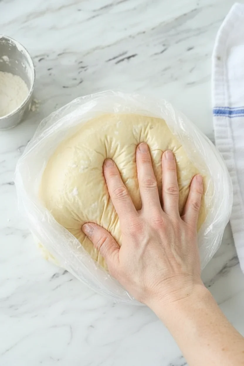 Person's hand pressing on pale yellow dough wrapped in plastic on marble countertop.