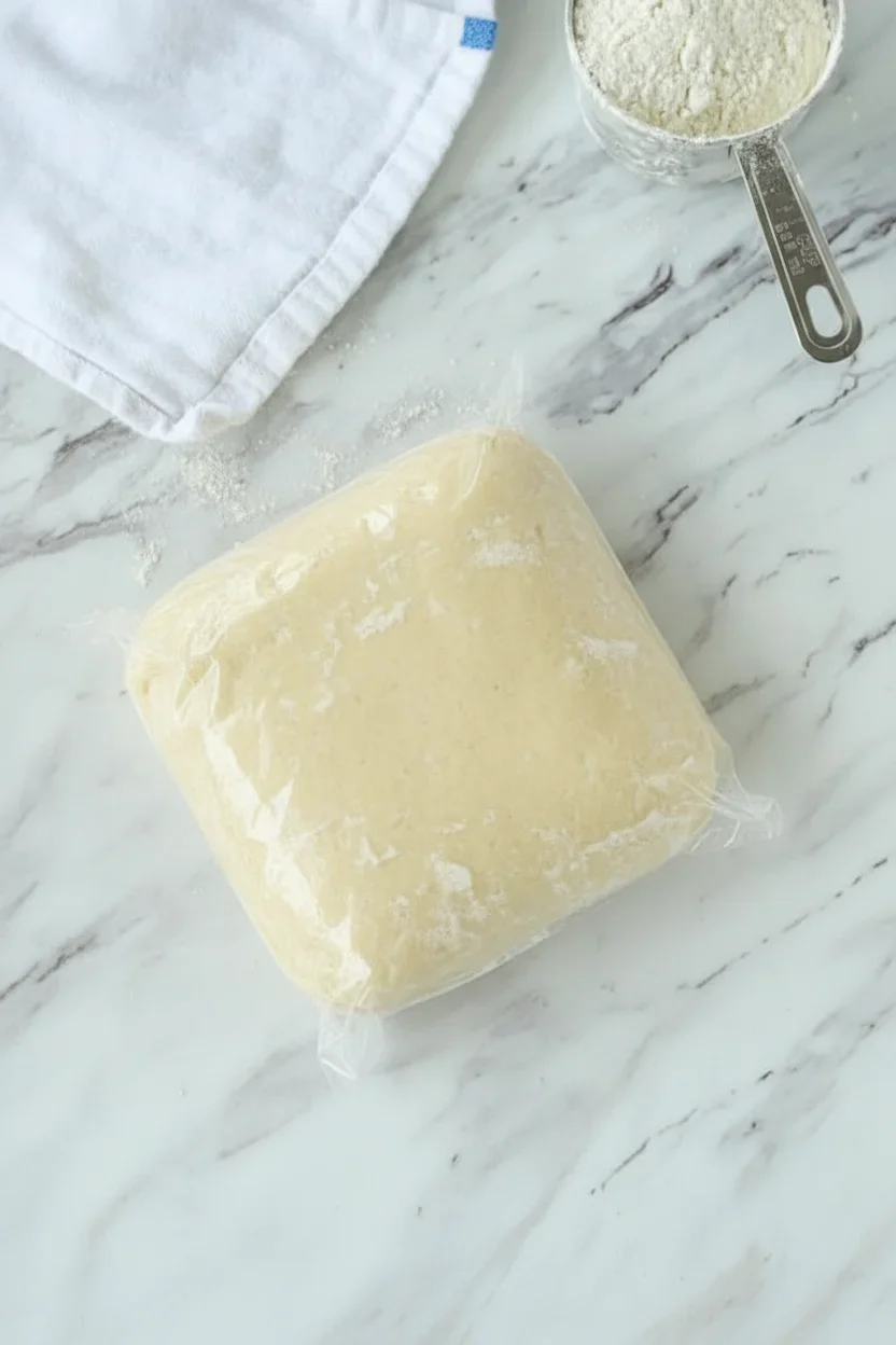 Dough wrapped in plastic on a marble countertop with a measuring cup of flour nearby.