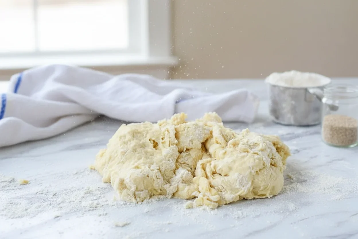 Raw dough on a floured surface with kitchen towels and containers in the background.