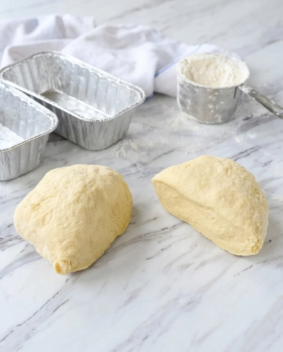 Two pieces of raw pizza dough on a marble countertop with baking pans and flour in the background.