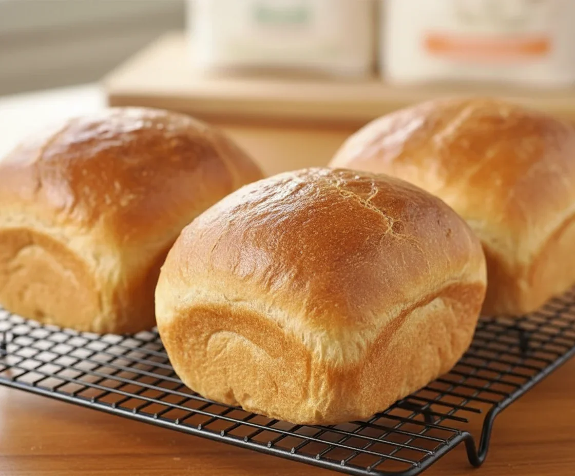 Three golden-brown bread rolls on a wire cooling rack, soft and freshly baked.