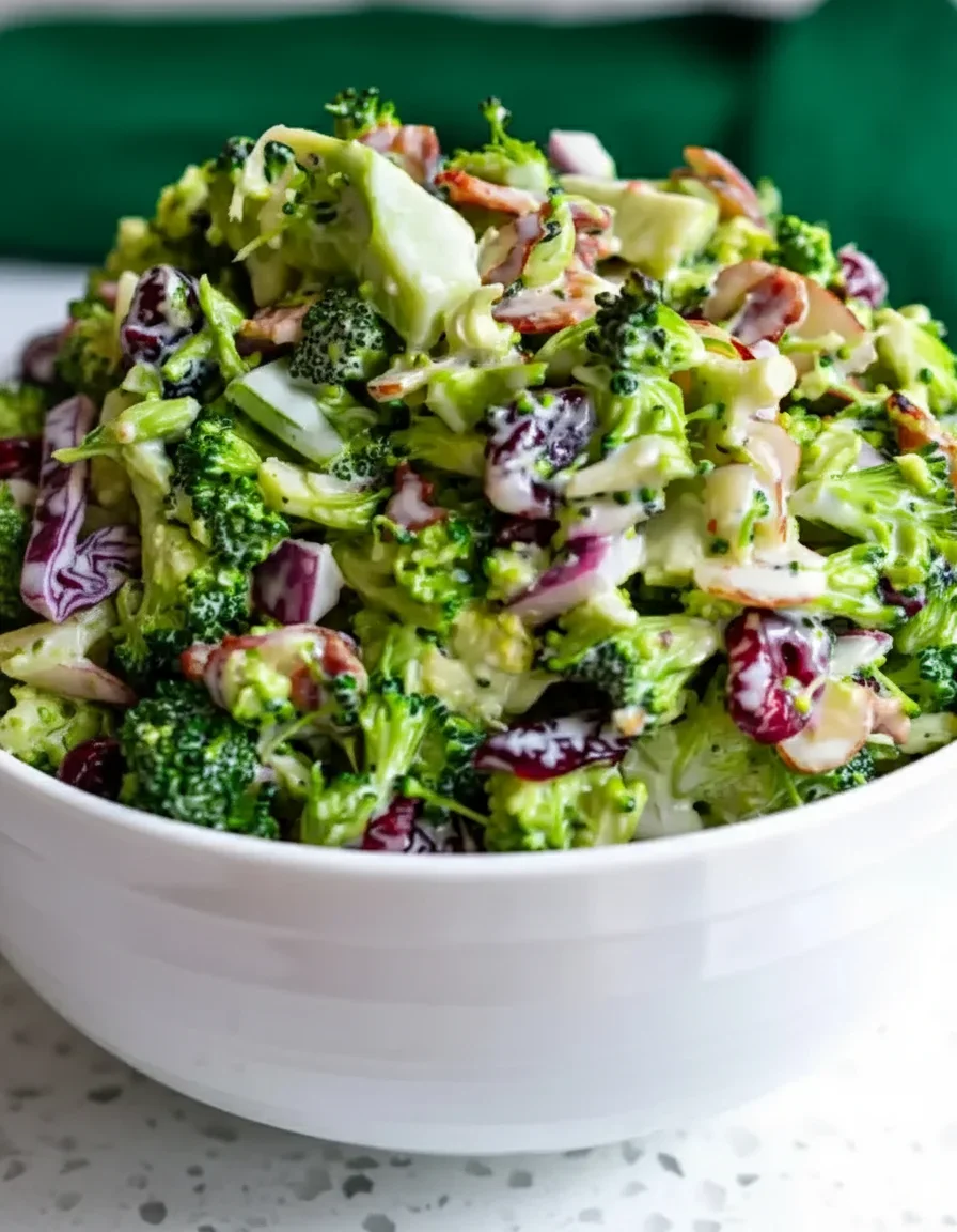 Broccoli-Bacaon-Salad-4x5-Preset-5-819x1024.webp Fresh broccoli salad with red cabbage and bacon in a white bowl, coated in creamy dressing.