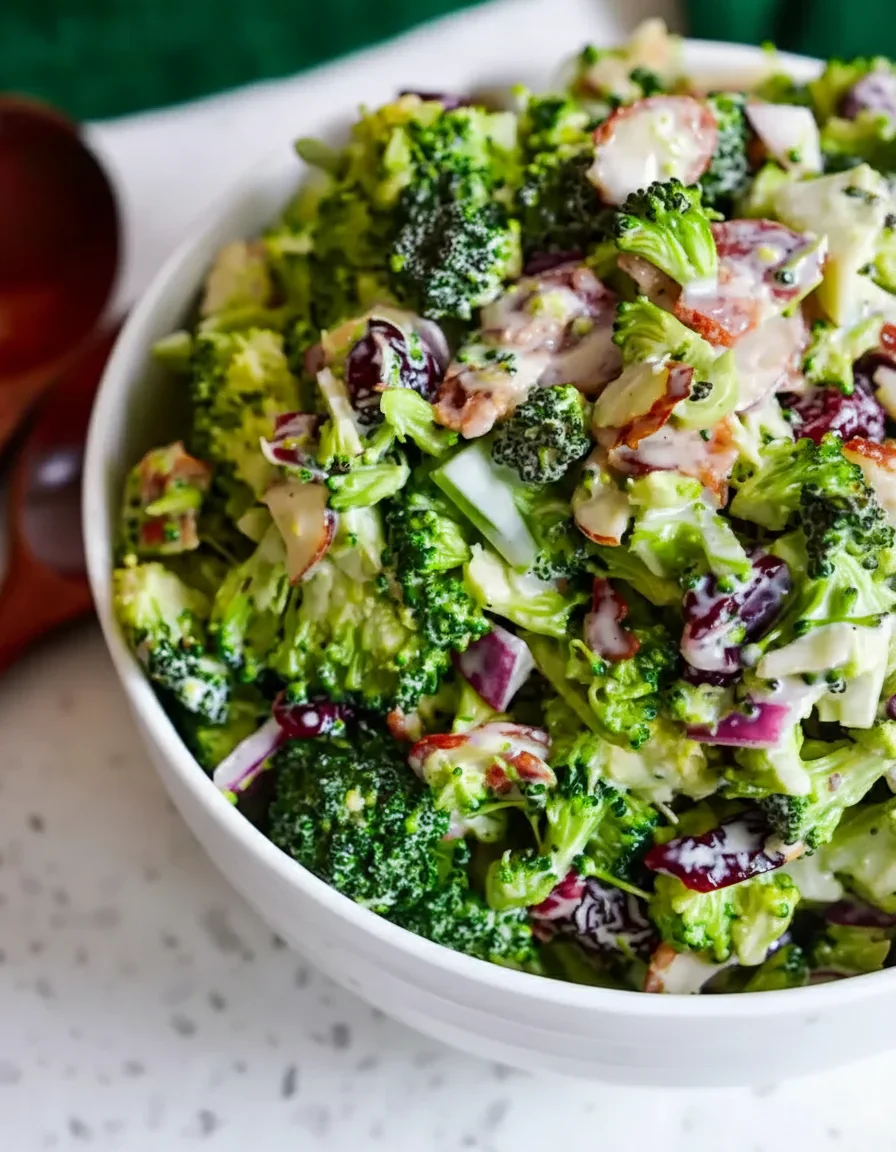 Broccoli-Bacaon-Salad-4x5-Preset-8-819x1024.webp Fresh broccoli salad with purple cabbage and bacon in a white bowl, coated in creamy dressing.