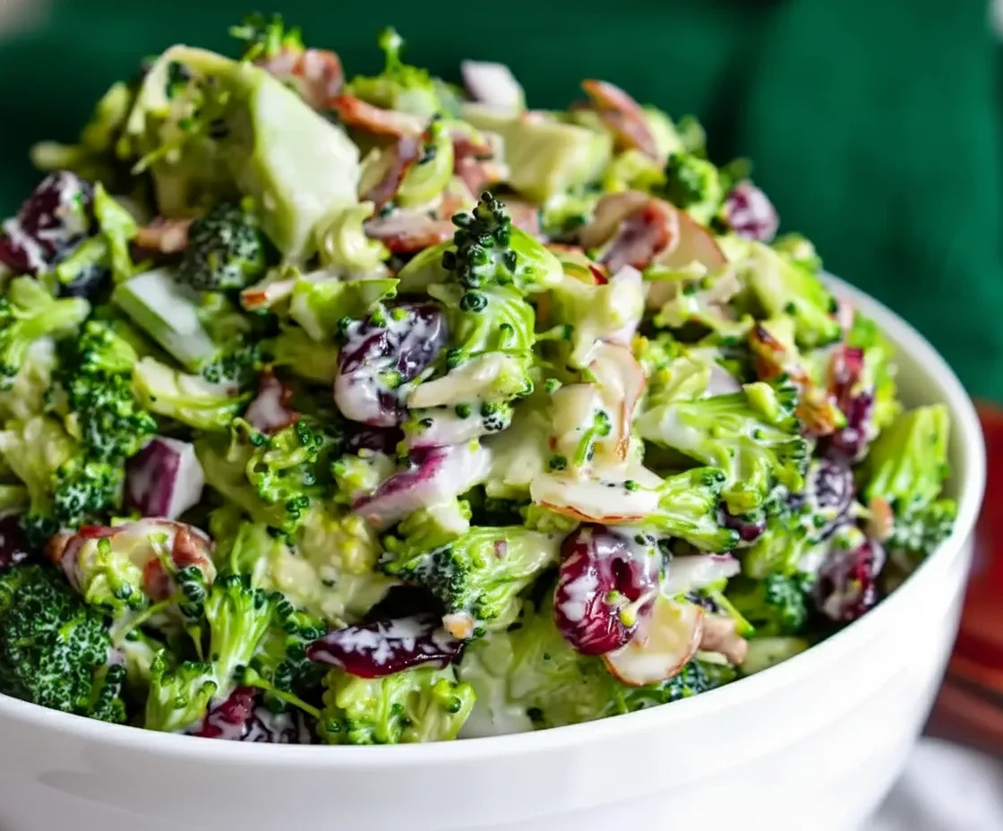 Broccoli-Salad-Preset-Recipe-Card.webp Fresh broccoli salad with red onions and creamy dressing in a white bowl.