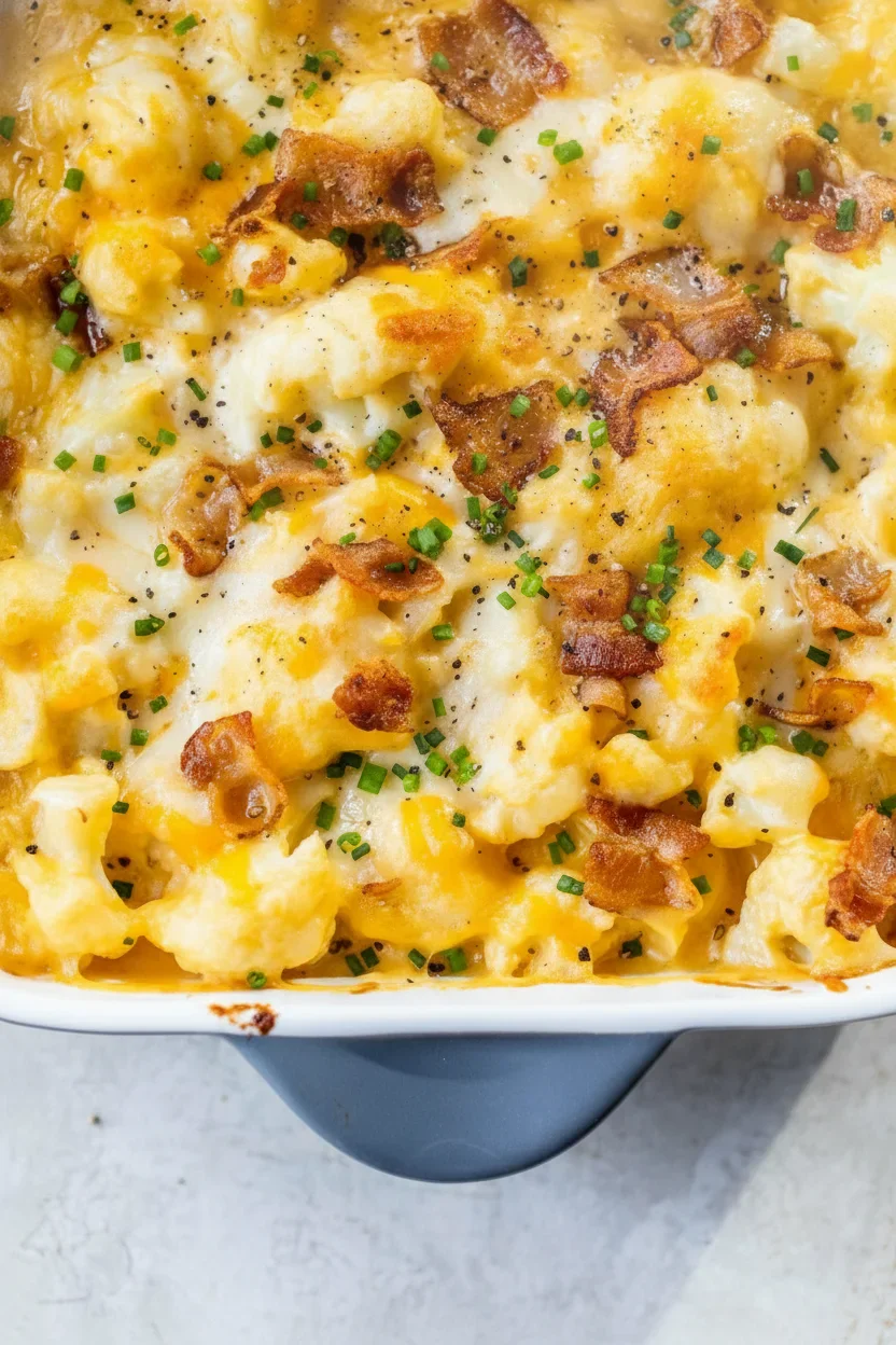 Cheesy-Cauliflower-Bake-1-5.jpg Close-up of a cheesy baked potato casserole with bacon and chives in a white dish on a gray surface.