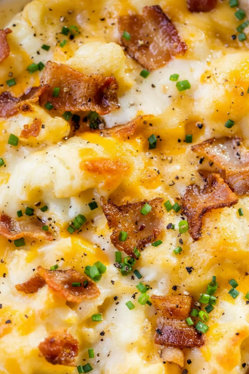 Cheesy-Cauliflower-Bake-1-6.jpg Close-up of a cheesy breakfast casserole with bacon, melted cheese, and chopped green onions.