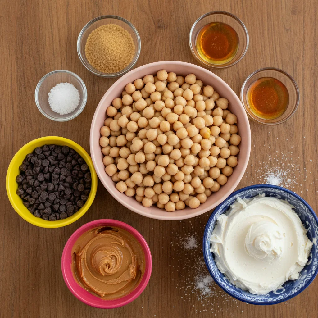 Assorted ingredients for a dessert, including chickpeas, chocolate chips, peanut butter, whipped cream, sugar, honey, and salt, arranged on a wooden surface.