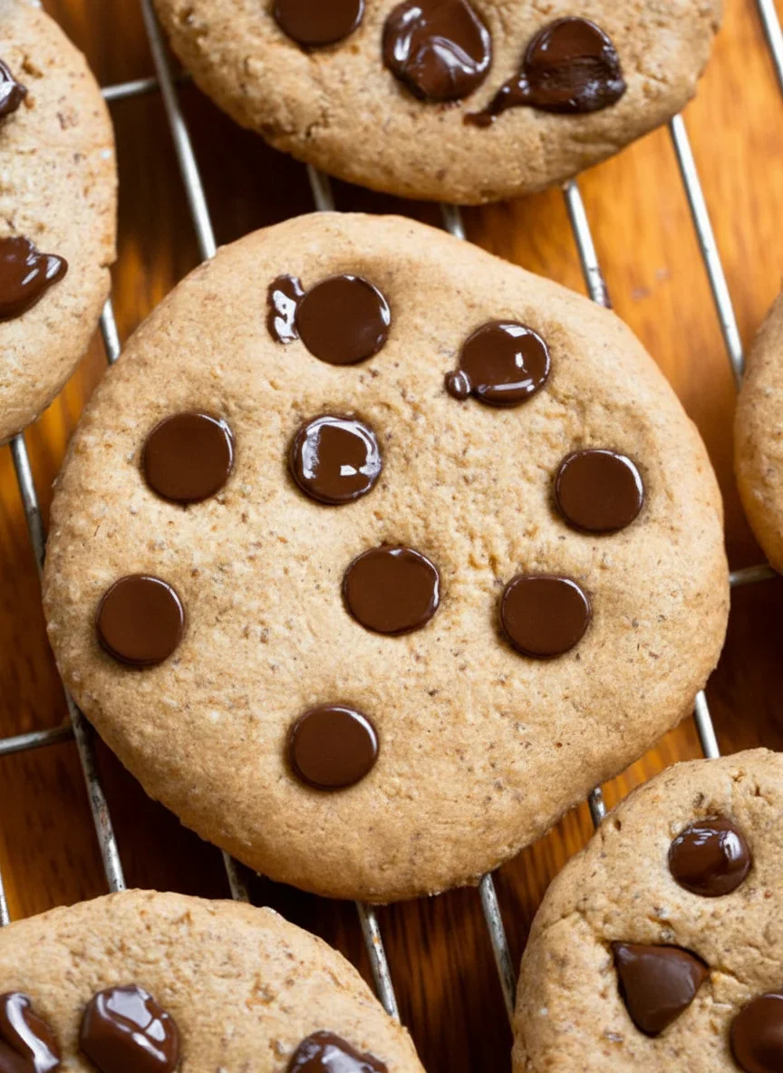 Close-up of freshly baked chocolate chip cookies on a cooling rack, showing golden-brown color and melted chocolate chips.