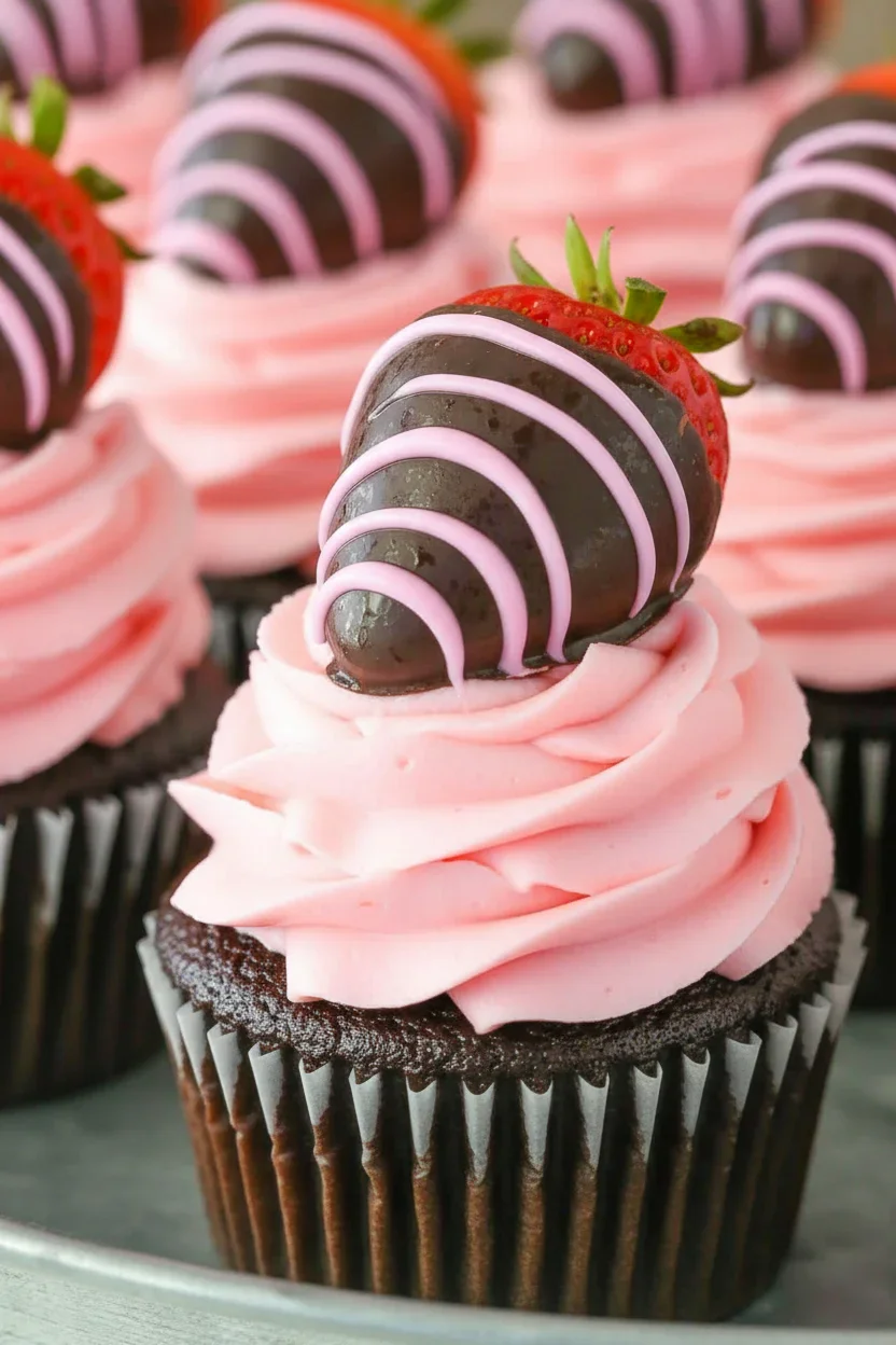 Chocolate cupcake with pink frosting and a dipped strawberry on top, decorated with pink drizzle.