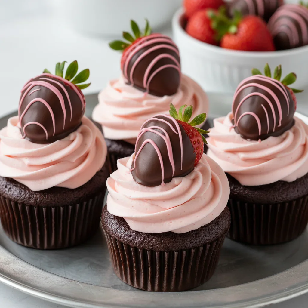 Chocolate cupcakes with pink frosting, topped with strawberries dipped in chocolate and pink drizzle, on a metallic tray.