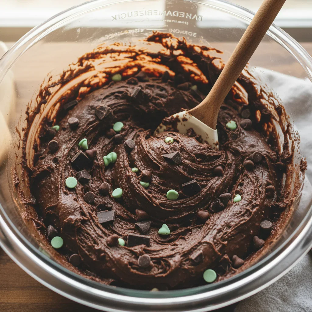 Close-up of chocolate and mint cookie dough in a glass mixing bowl with a wooden spoon.