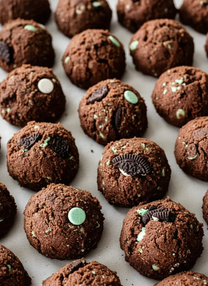 Close-up of chocolate cookie balls with colorful candies and Oreo chunks on parchment paper.