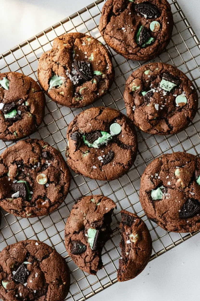 Chocolate cookies with sprinkles and chocolate chips cooling on a wire rack, some broken or with toppings.