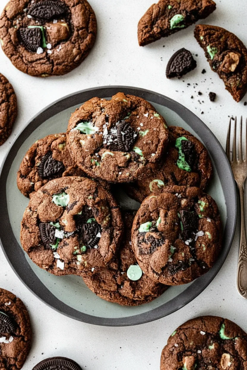 Close-up of chocolate cookies with Oreo pieces and colorful candies on a gray plate.