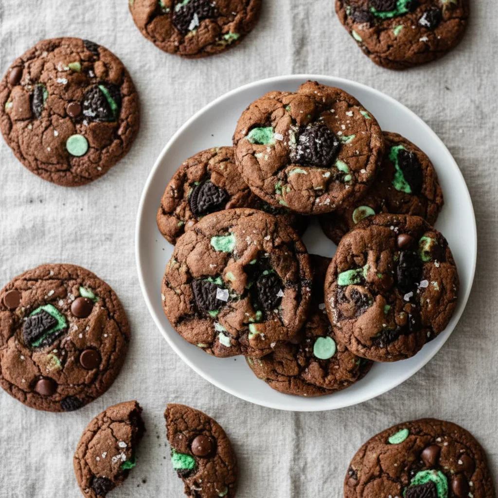 Plate of freshly baked chocolate chip cookies with colorful candies, surrounded by more cookies on a light surface.