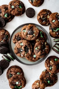 chocolate mint Oreo cookies on plate