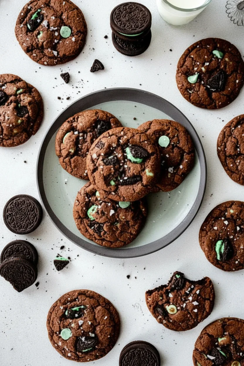 Assorted chocolate cookies with sprinkles and Oreo pieces on a light surface, some stacked on a gray plate.