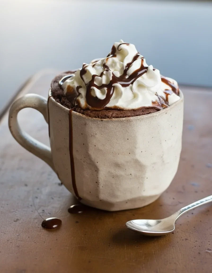 A ceramic mug filled with chocolate dessert topped with whipped cream and chocolate syrup.