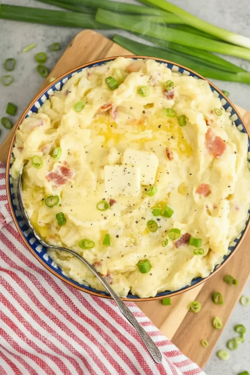Bowl of creamy mashed potatoes topped with butter, green onions, and black pepper, on a wooden board with a striped cloth.