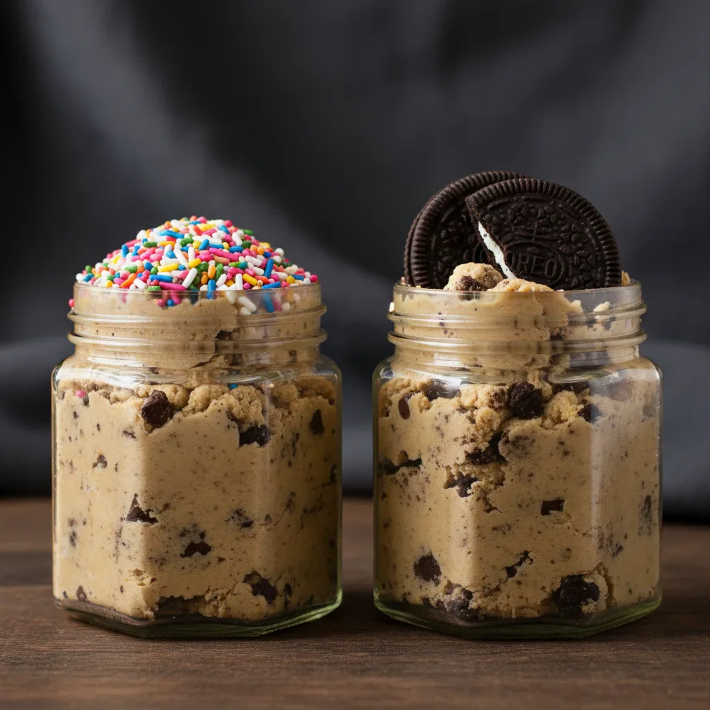 Two jars of cookie dough, one topped with colorful sprinkles and the other with Oreo cookies, on a dark surface.