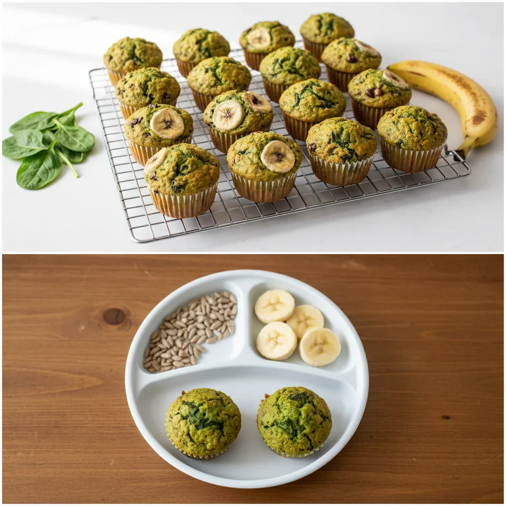Freshly baked spinach and banana muffins on a wire rack, with ingredients and snacks on a divided plate.