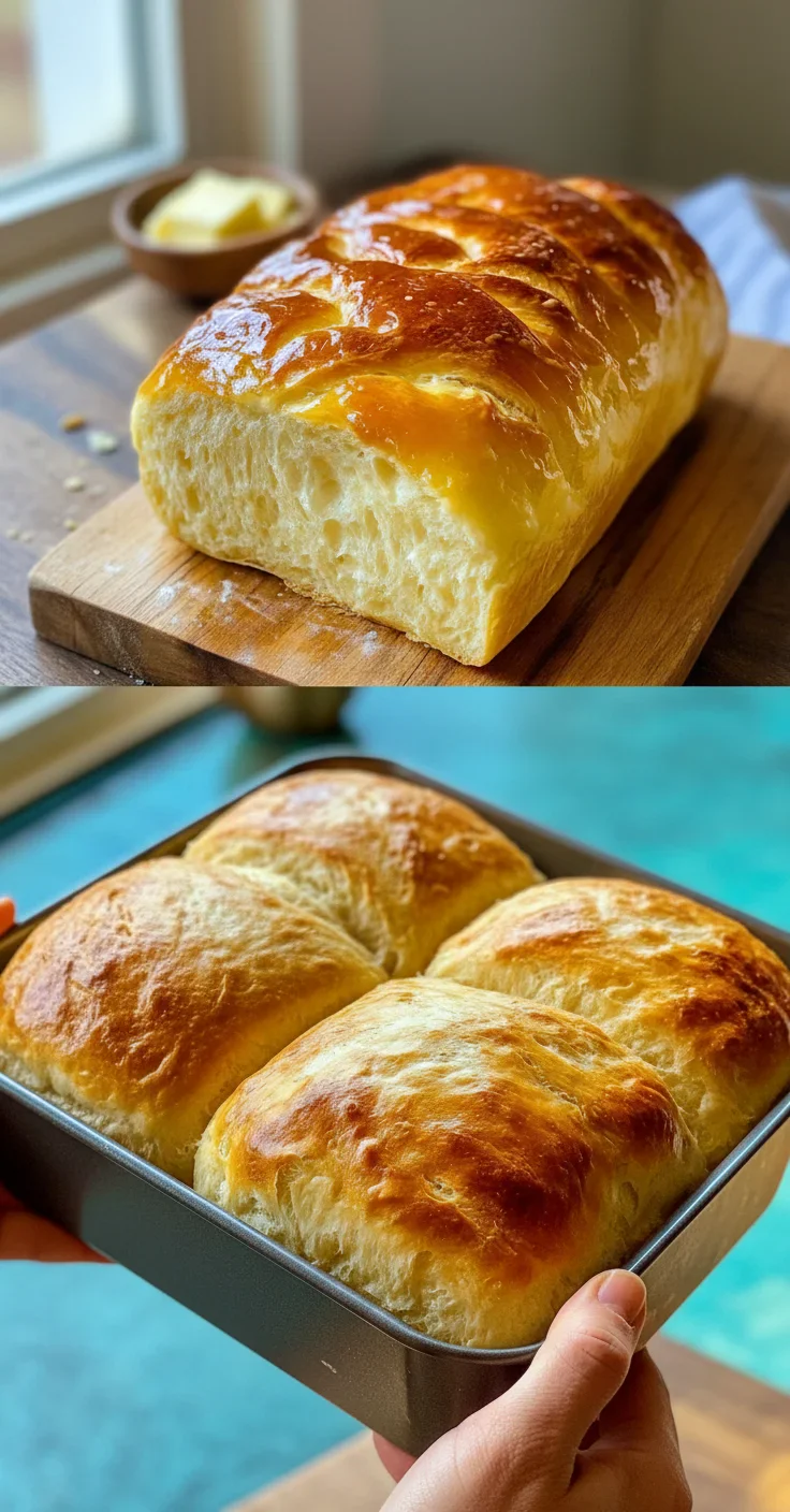 Copy-of-image-4.webp Two photos of freshly baked homemade bread with golden crusts, one close-up and one in a baking pan.