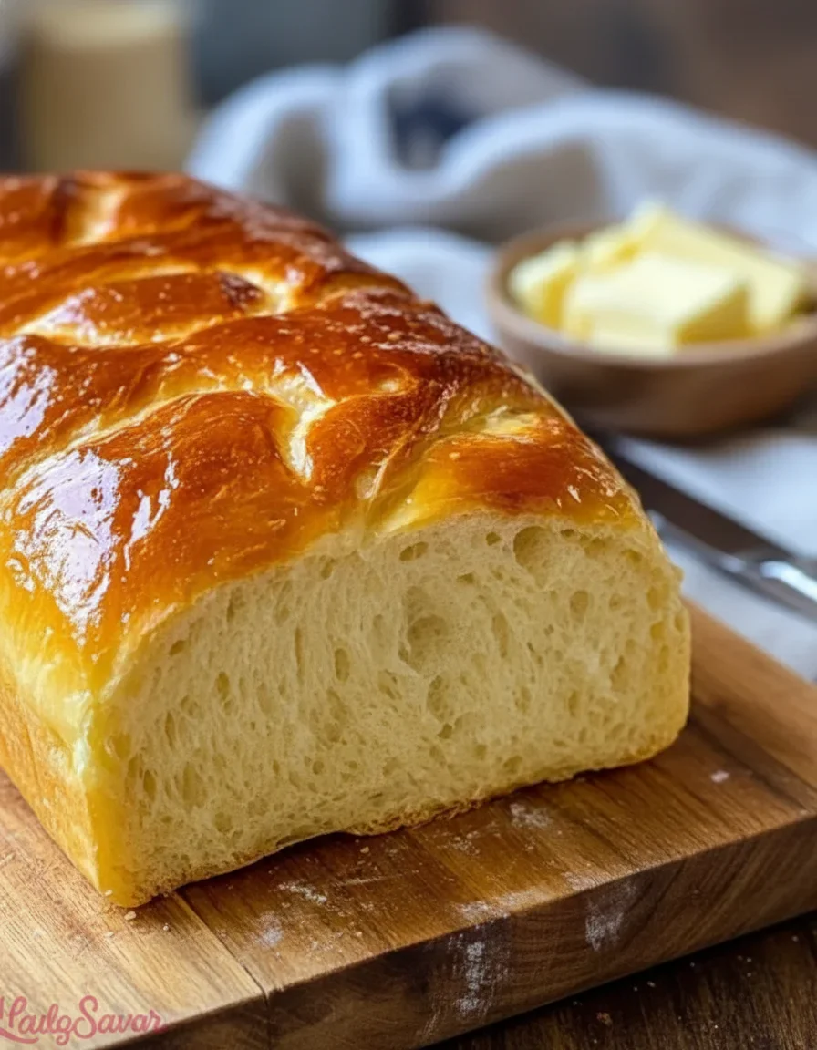 Copy-of-recipe-3-819x1024.webp Close-up of a freshly baked, golden-brown bread loaf with a soft interior on a wooden board.