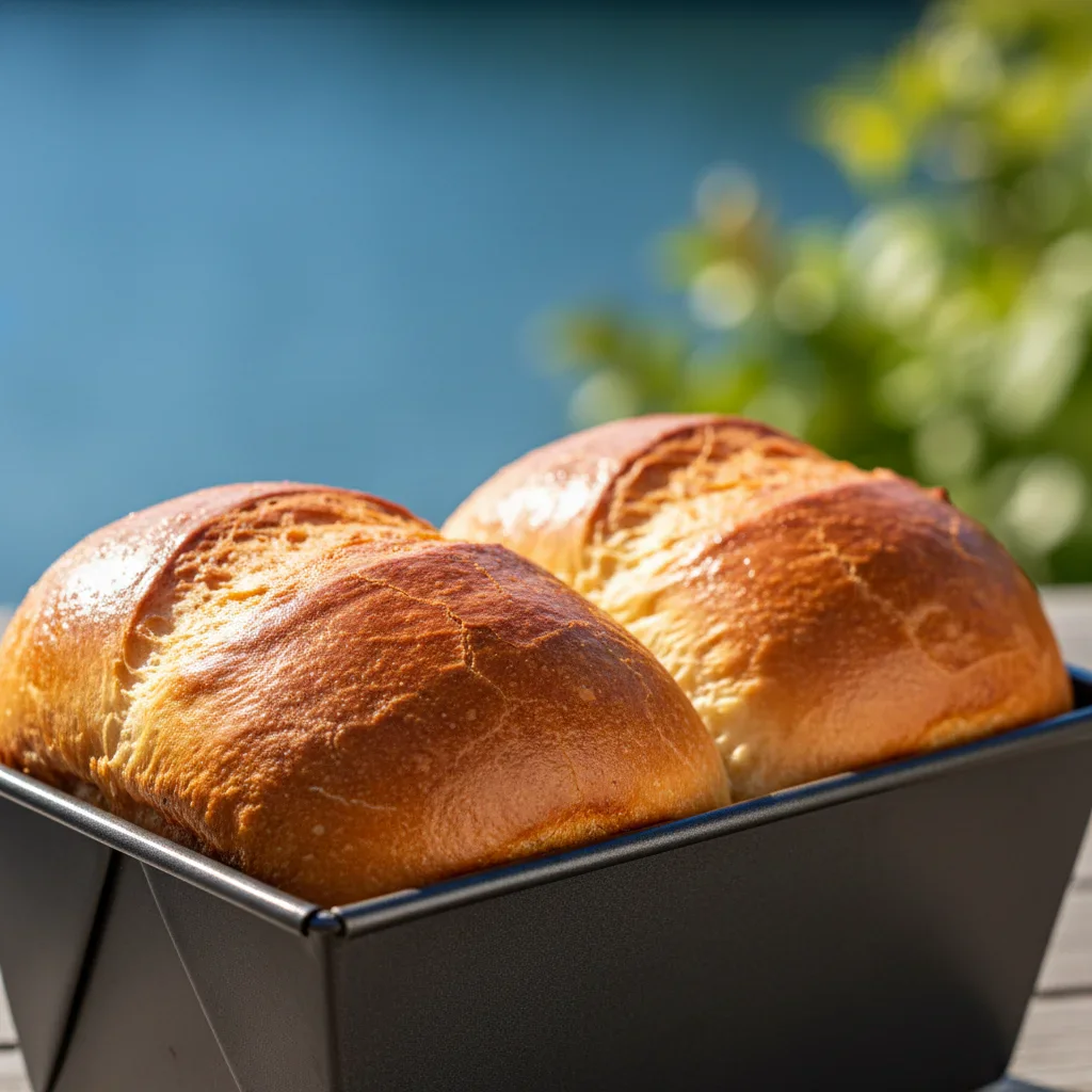 Copy-of-recipe-4-819x1024.webp Two golden-brown, freshly baked bread rolls in a baking pan with a shiny crust and soft texture.