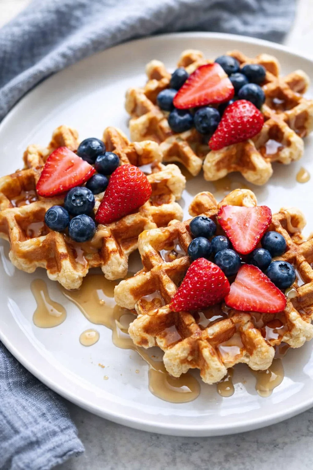Plate of golden waffles topped with strawberries and blueberries, drizzled with syrup in a bright, inviting setting.