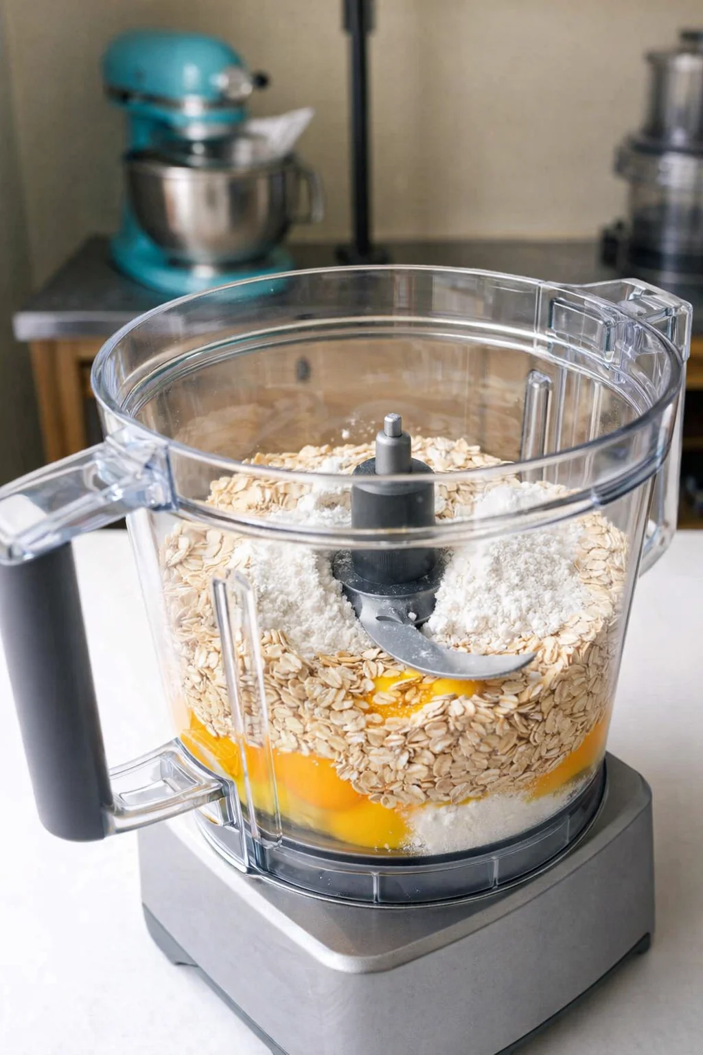 Food processor with oats, eggs, and flour inside on a white surface, kitchen background.