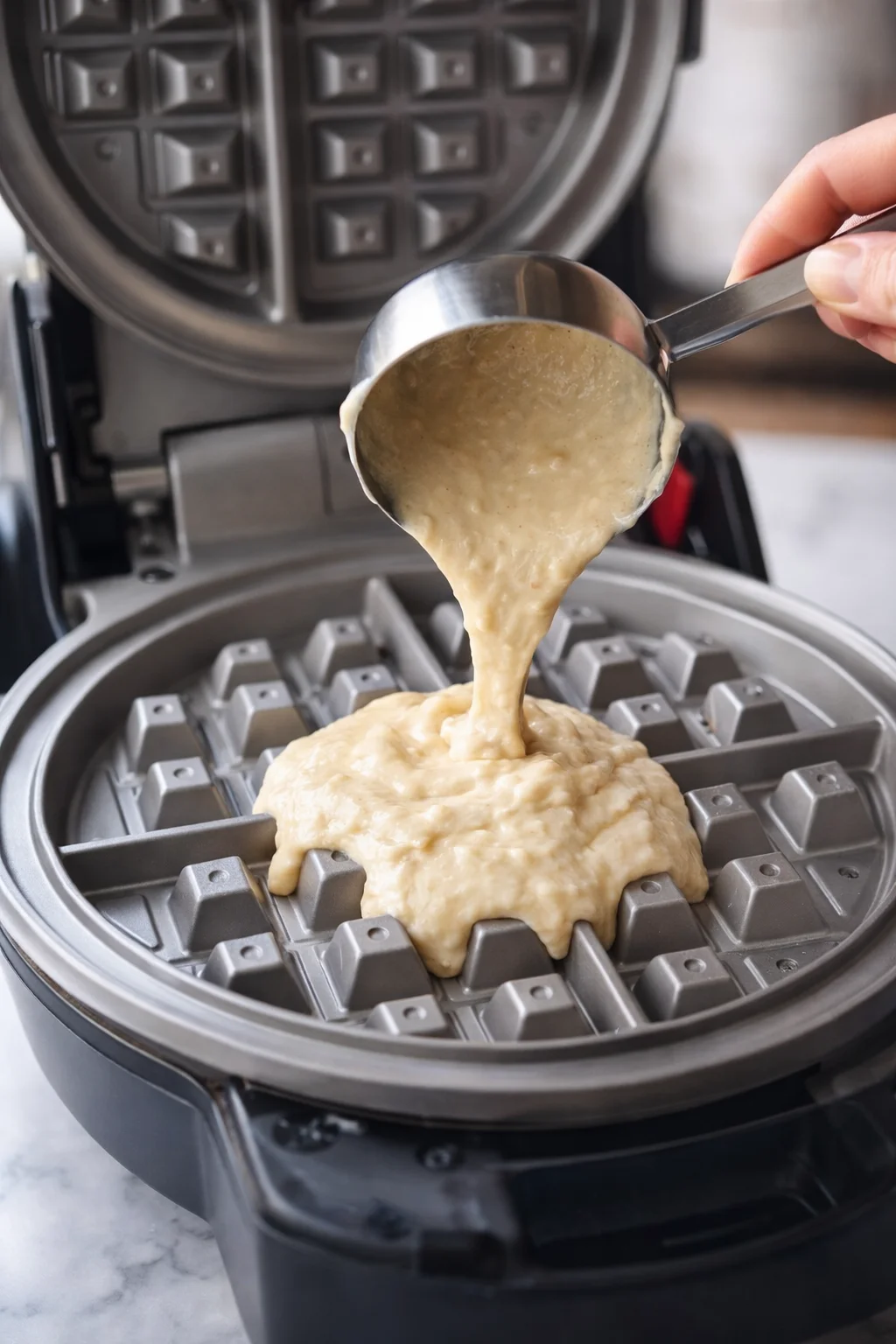 Pouring waffle batter into a metallic waffle maker with dividers, close-up action shot.