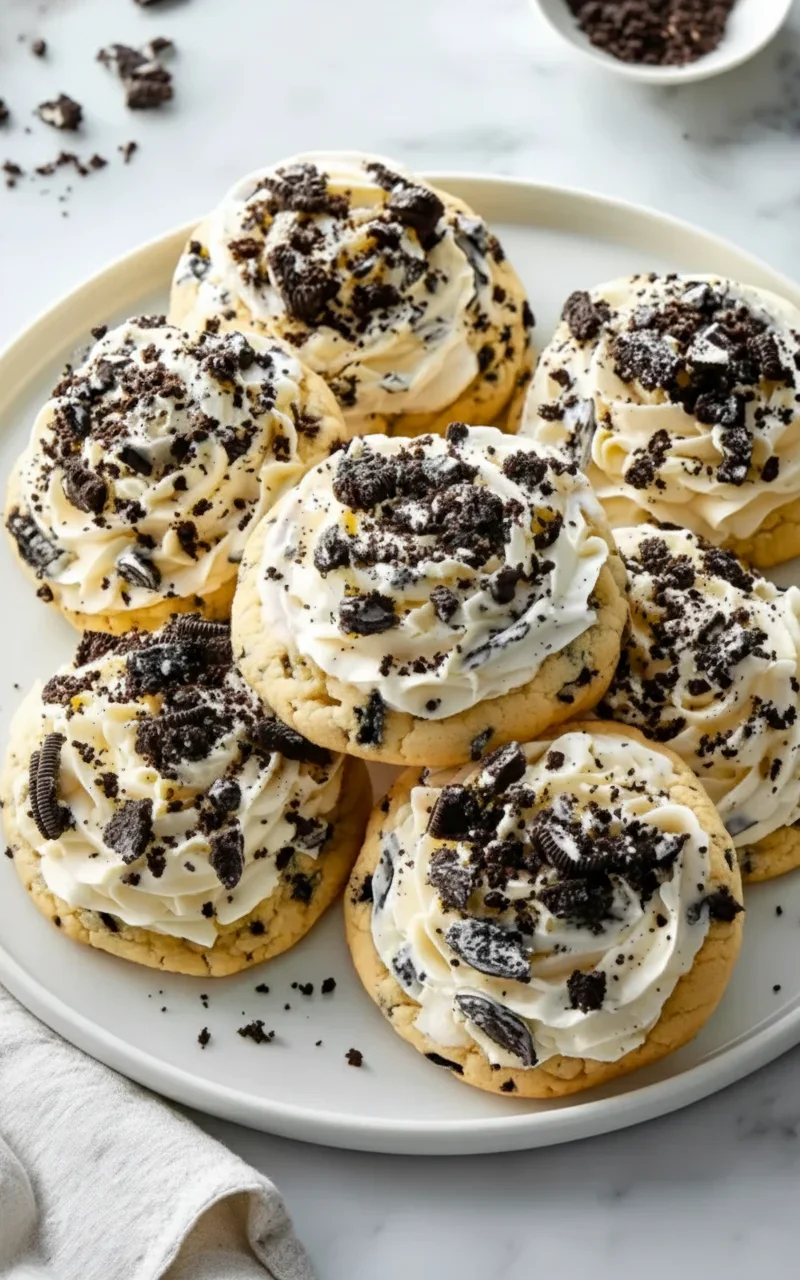 Cookies with frosting and crushed Oreos on top, served on a white plate with scattered crumbs and a bowl of crushed Oreos.