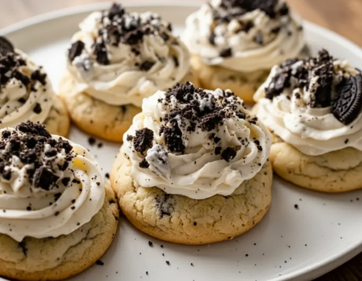 Cookies topped with white frosting and crushed Oreo cookies, arranged on a white surface.