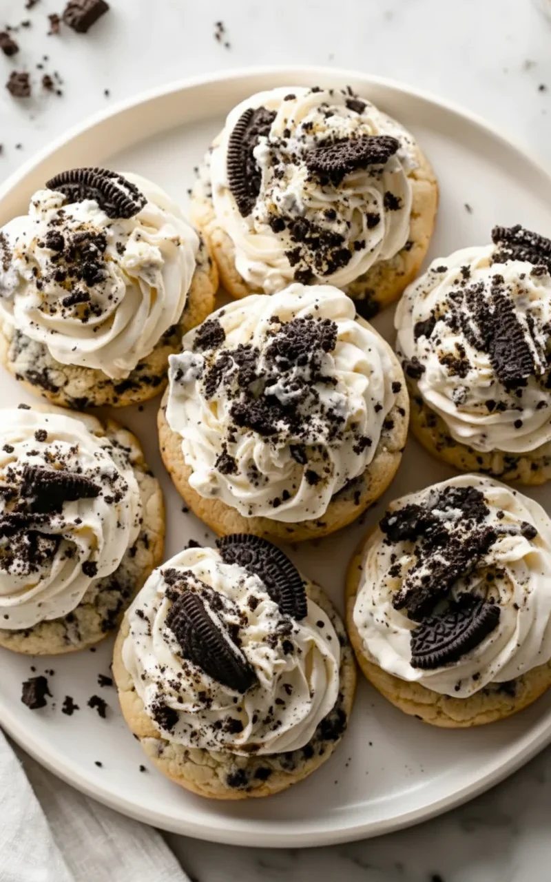 Cookies topped with white frosting and crushed Oreo cookies on a white plate, with scattered crumbs around.