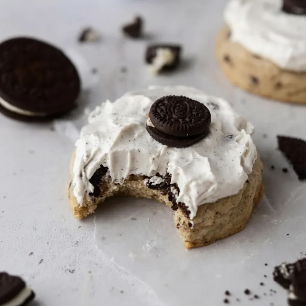 Close-up of a cookie sandwich with cream filling and a whole Oreo on top, partially eaten, on a light surface.