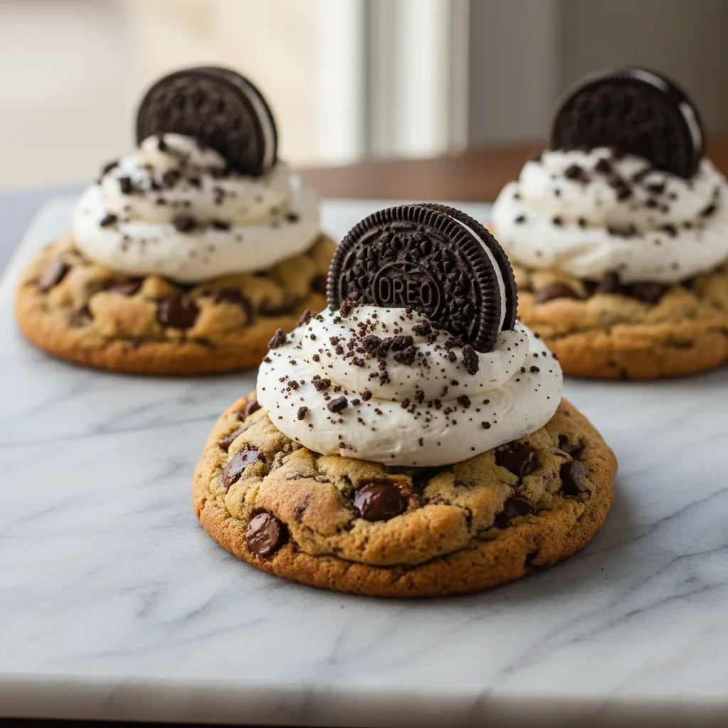 Cookies with frosting and Oreo cookies on top, arranged on a gray surface, close-up view.