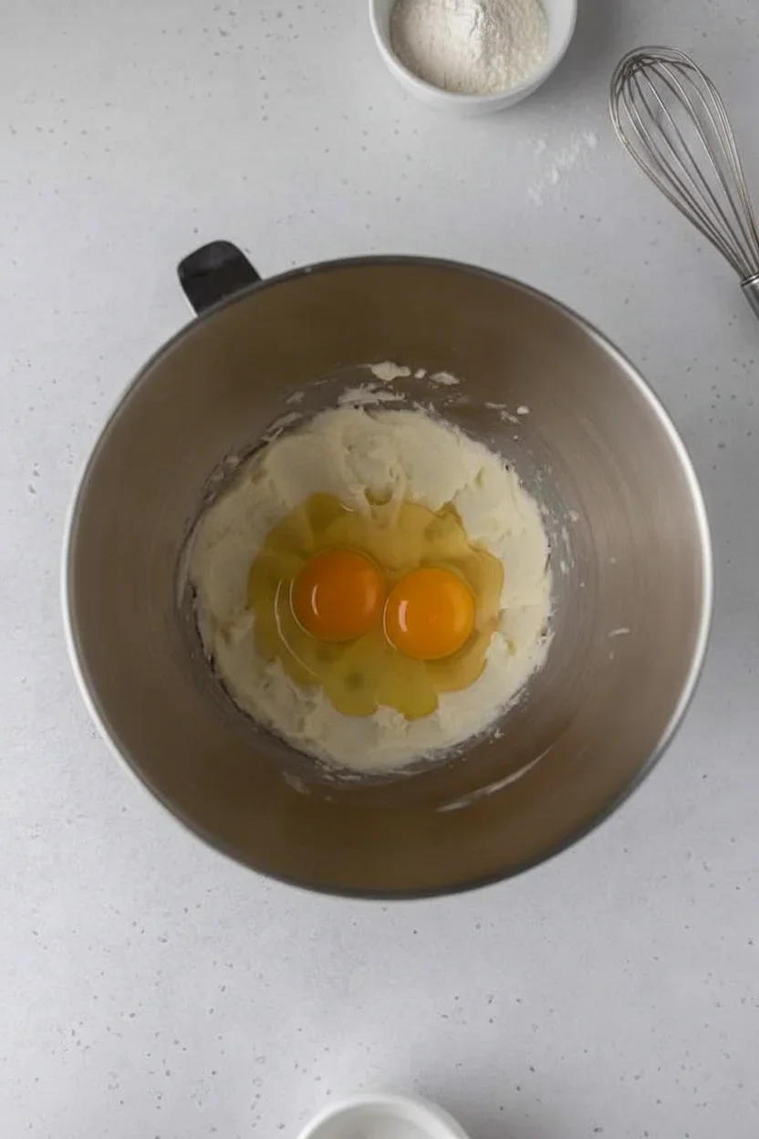 Top-down view of a metal bowl with mashed potatoes and a raw egg yolk inside on a white countertop.