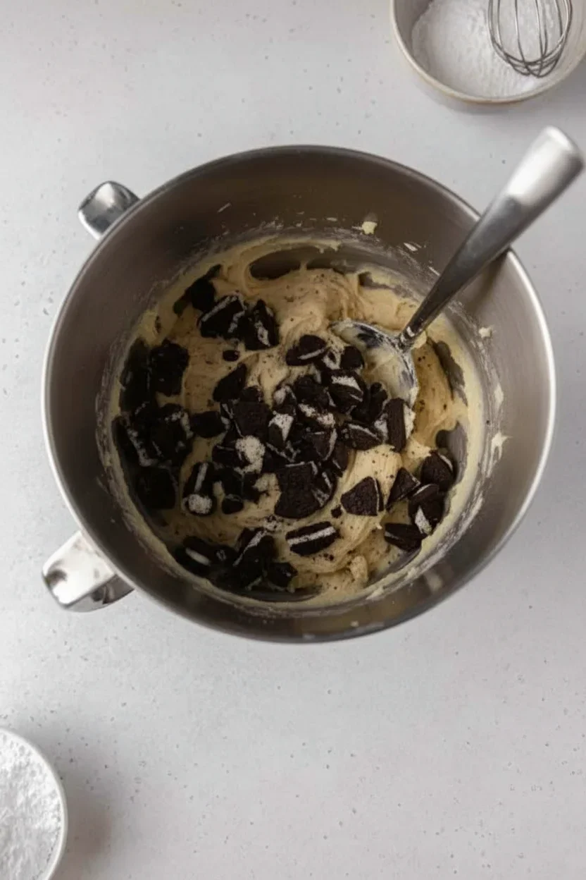 Mixing bowl with cookie dough and chocolate chunks on a white countertop.
