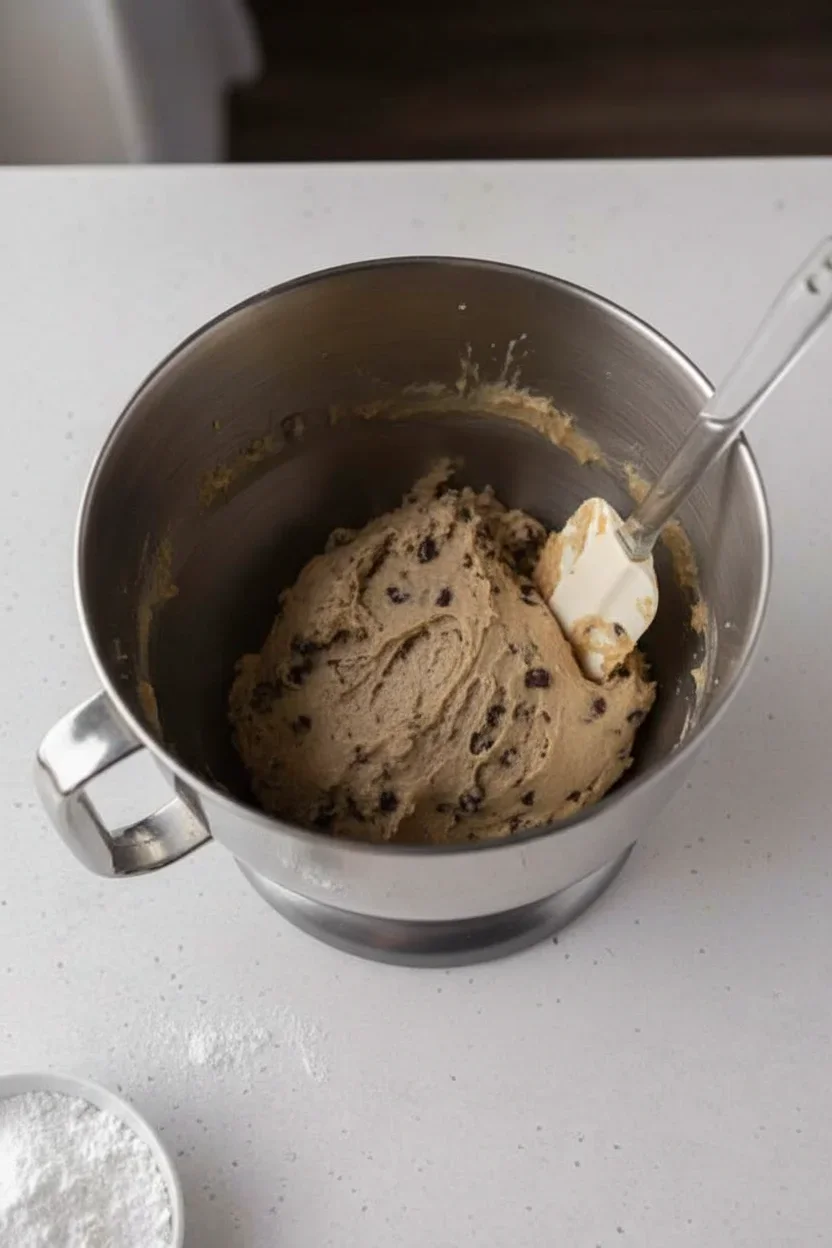 Top-down view of cookie dough with chocolate chips in a stainless steel mixing cup on a light countertop.