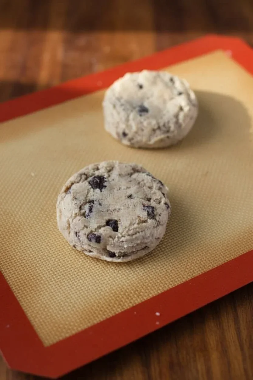 Two raw cookie dough balls with chocolate chips on a silicone baking mat.
