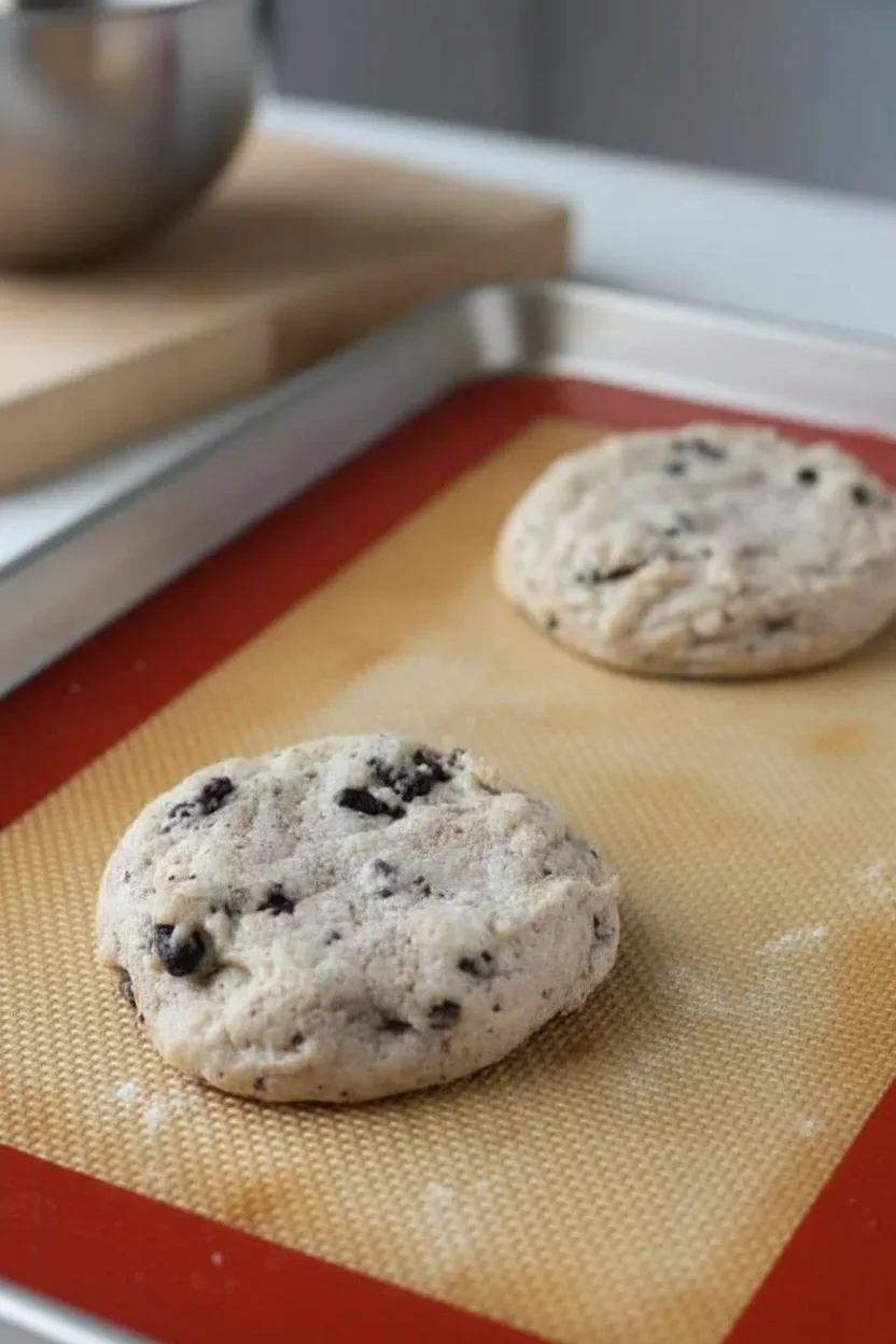 Two raw cookie dough balls with chocolate chips on a silicone baking mat ready for baking.