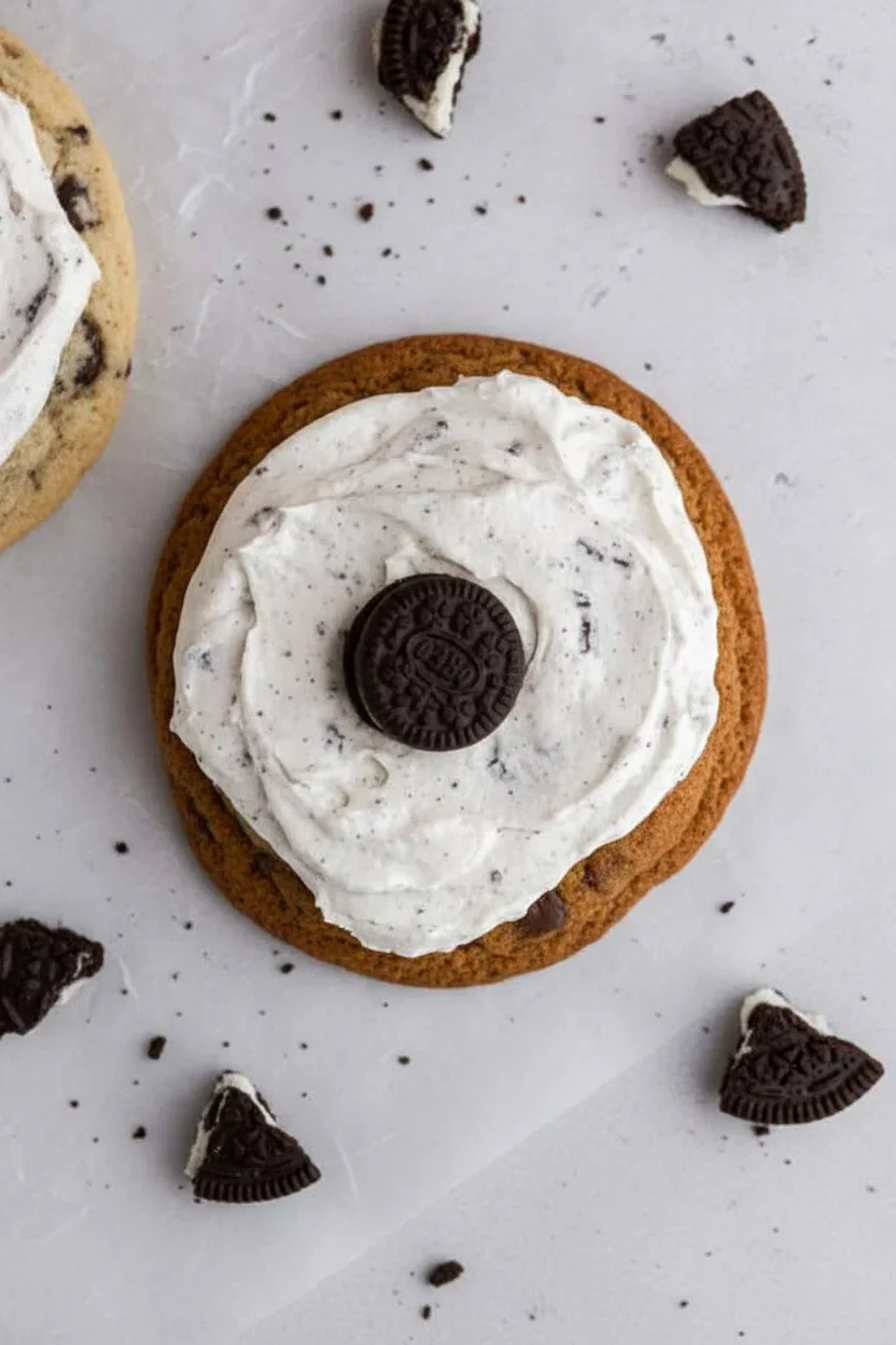 Cookie with frosting and Oreo topping, surrounded by broken cookie pieces on a light surface.