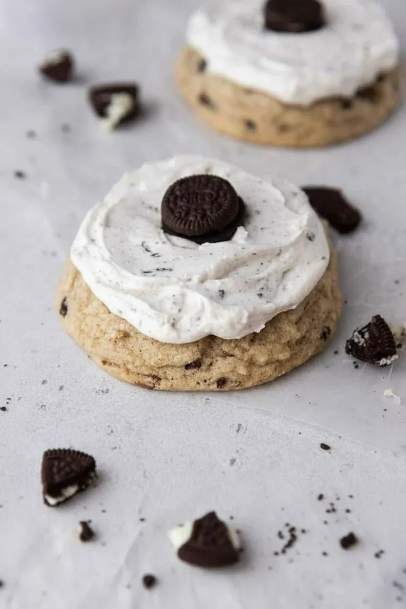 Chocolate chip cookie topped with white frosting and a chocolate cookie piece, with scattered crumbs around.