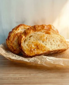 Close-up of a sliced loaf of bread showing its soft interior and golden crust on parchment paper.